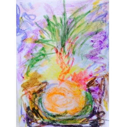 Een kleurrijke tekening gemaakt met waskrijtjes, met abstracte vormen en felle kleuren.