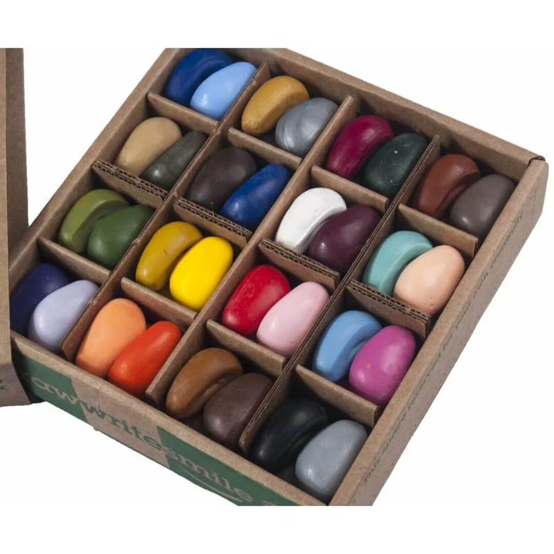 Een open kartonnen doos met 32 Crayon Rocks waskrijtjes in verschillende kleuren, netjes gerangschikt in vakjes.