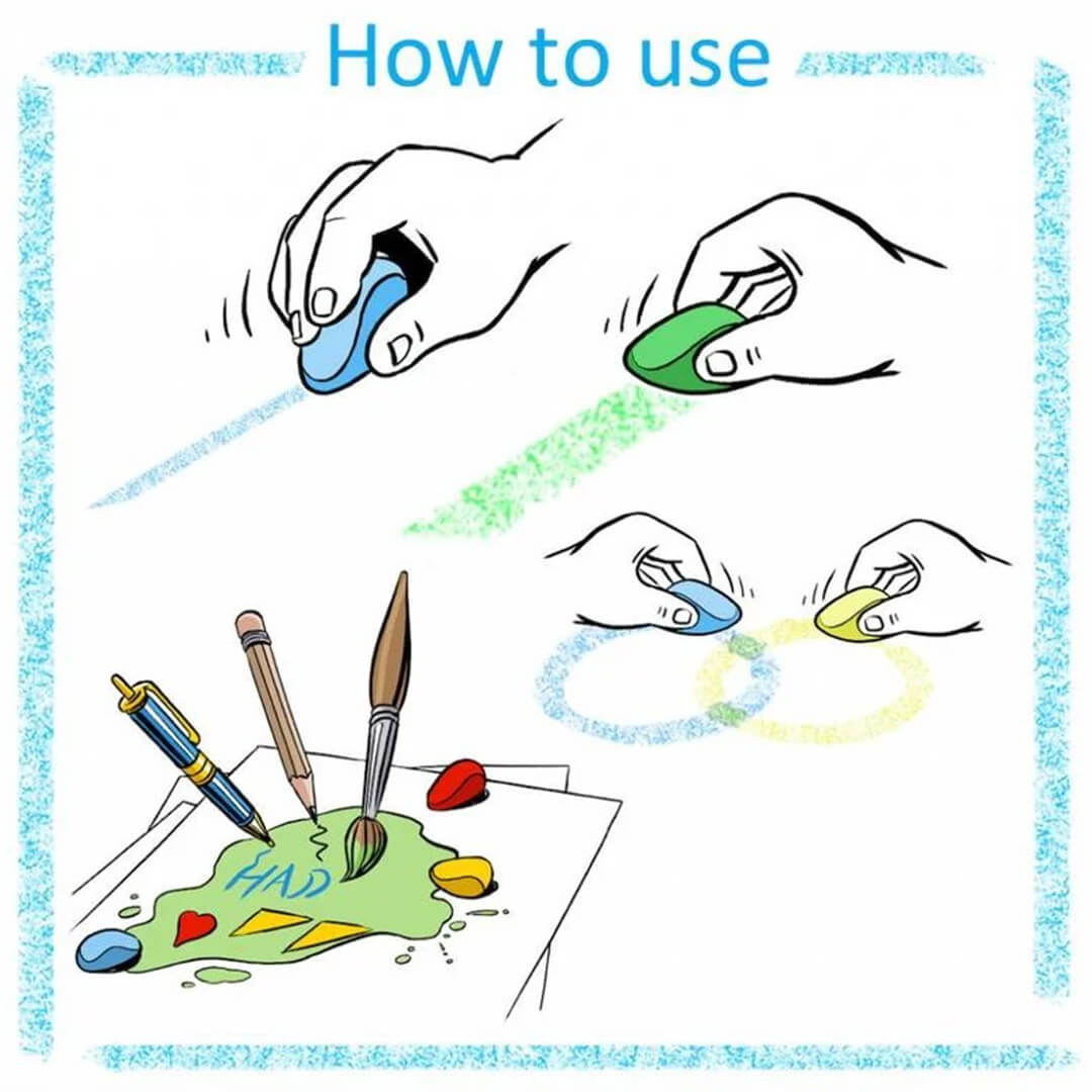 Een infographic met de titel 'How to use' die verschillende manieren toont om de waskrijtjes te gebruiken, zoals tekenen en schilderen.