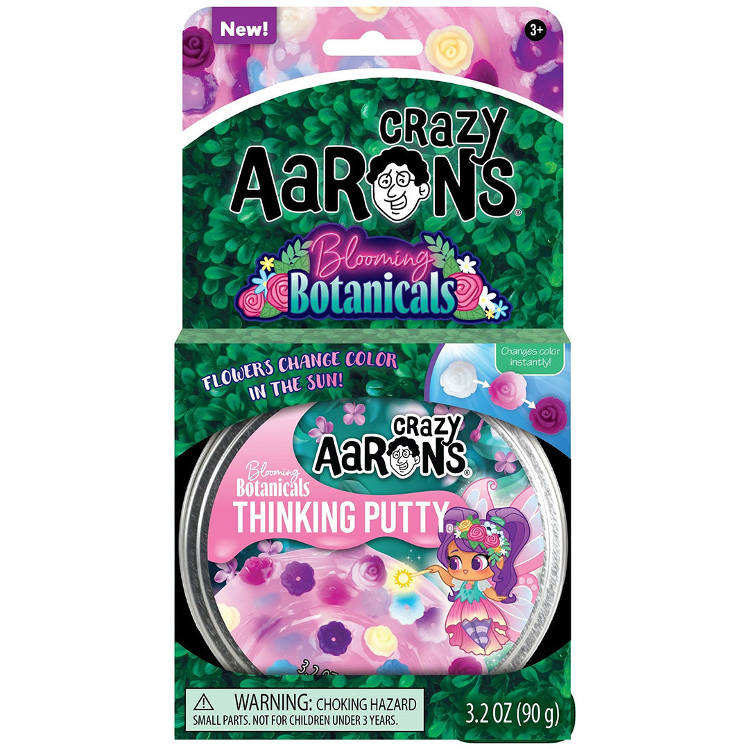 De complete retailverpakking van Crazy Aaron's Thinking Putty Blooming Botanicals, met de tin en een kartonnen hanger.