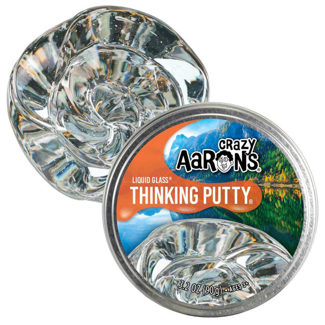 Crazy Aaron's Liquid Glass Thinking Putty, transparant sensorisch speelgoed, deels uit de verpakking.