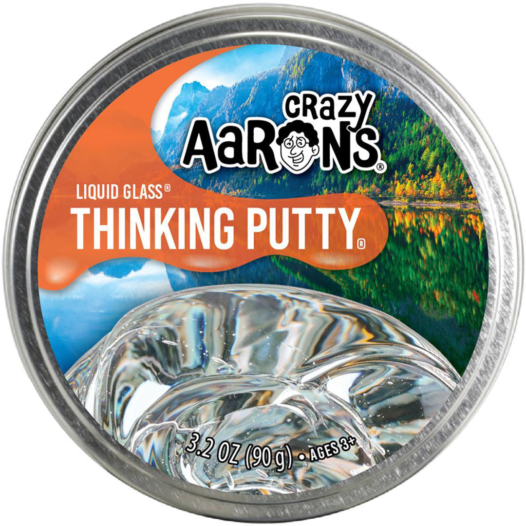 De ronde verpakking van Crazy Aaron's Liquid Glass Thinking Putty, van bovenaf gezien.
