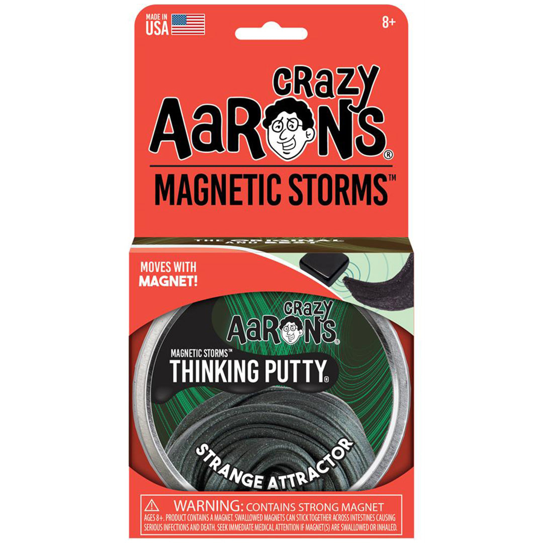 De verpakking van Crazy Aaron's magnetische klei 'Strange Attractor' met een afbeelding van het product.