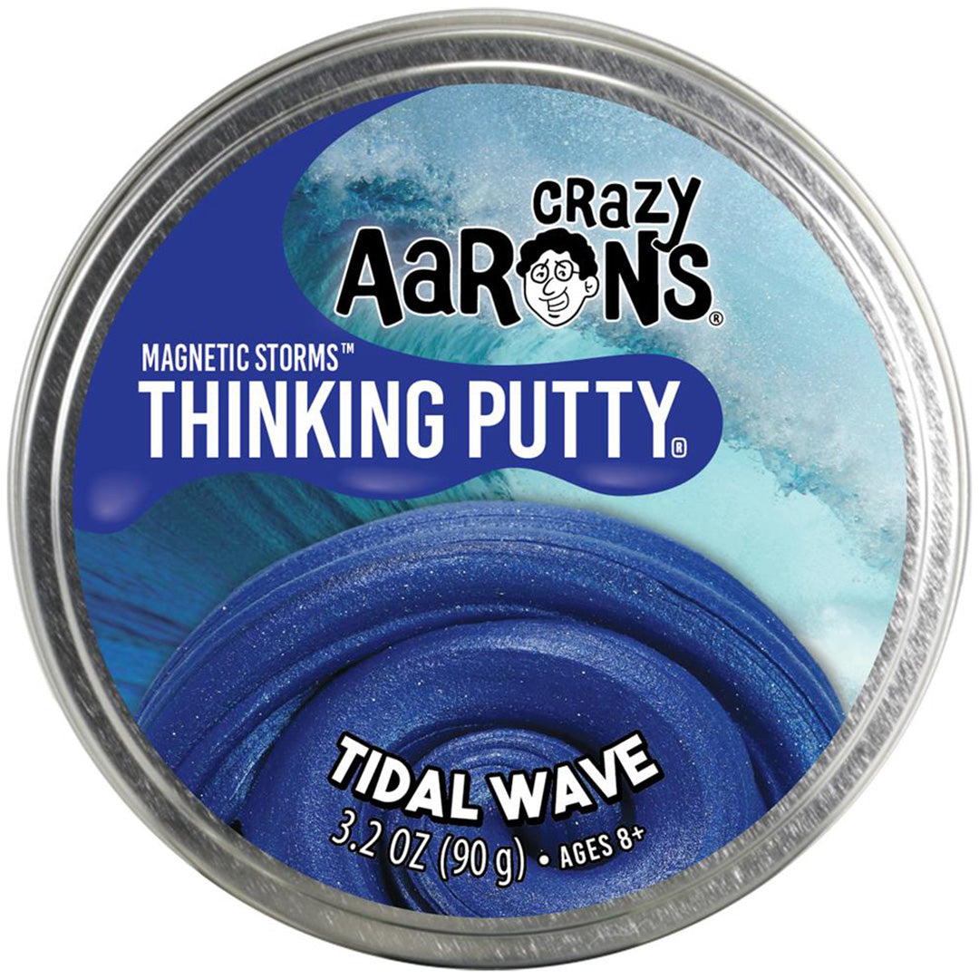 De bovenkant van de Crazy Aaron's verpakking met blauwe magnetische klei 'Tidal Wave'.