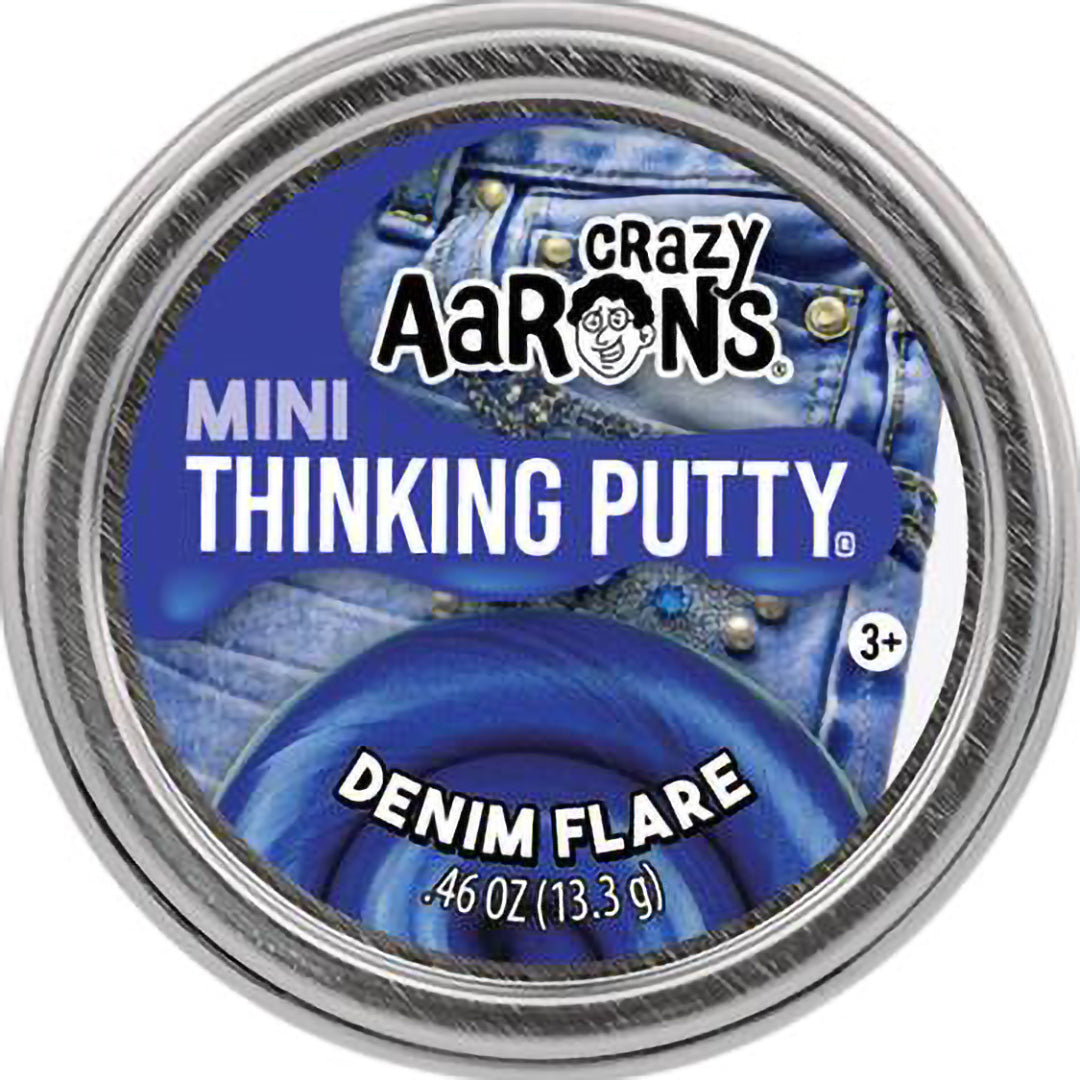 De verpakking van Crazy Aaron's Mini Thinking Putty Denim Flare.