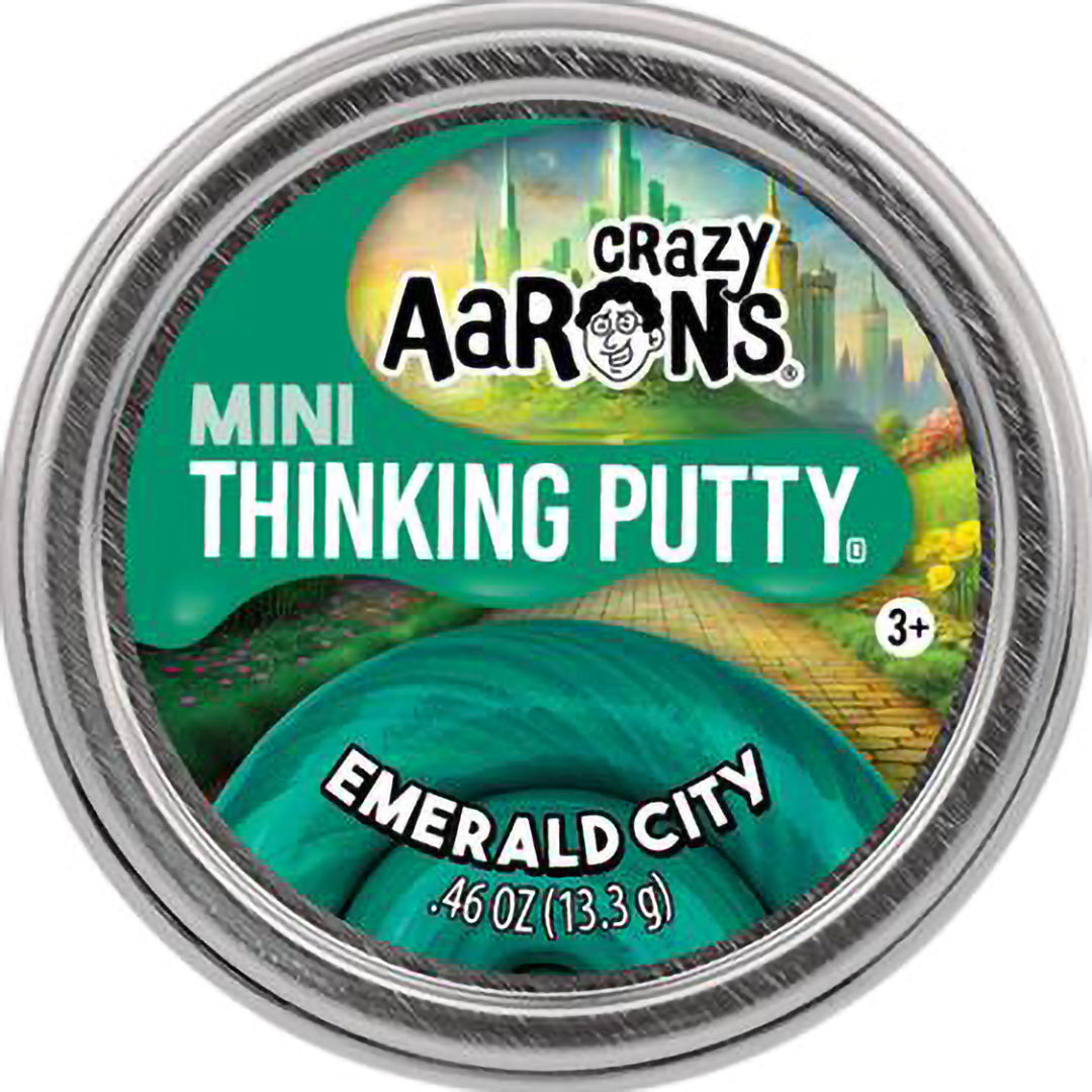 Bovenaanzicht van de metalen verpakking van Crazy Aaron's Mini Thinking Putty Emerald City.