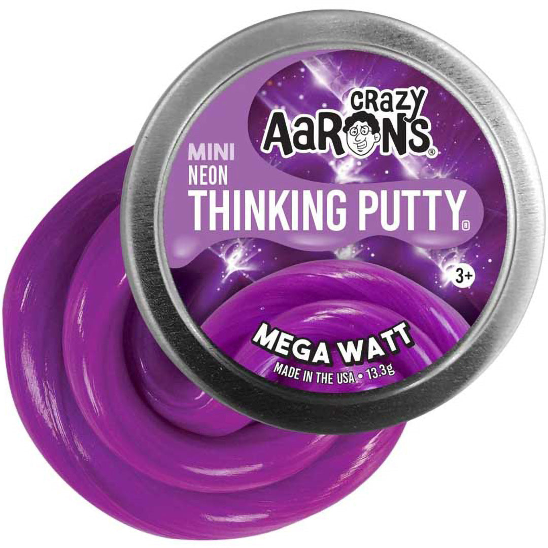 Crazy Aaron's Mini Neon Thinking Putty Mega Watt, een open blikje met paarse kneedmassa ernaast.