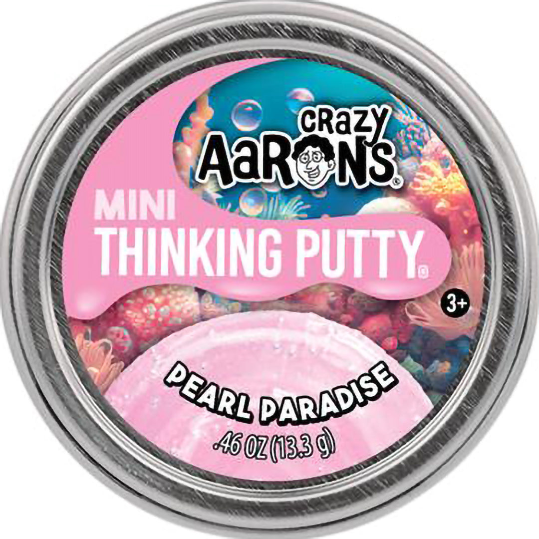 Bovenaf zicht op het Crazy Aaron's Mini Thinking Putty Pearl Paradise blikje.