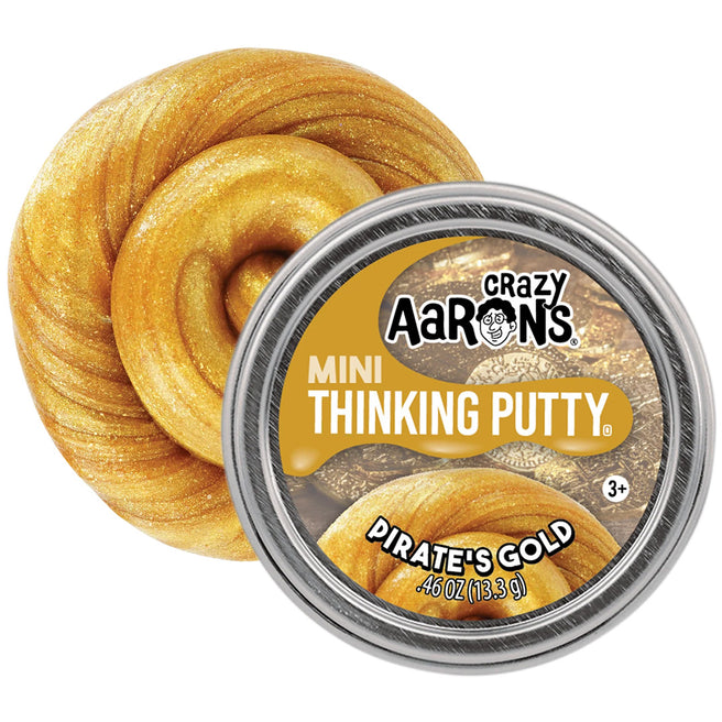 Crazy Aaron's Mini Thinking Putty 'Pirate's Gold' slijm- en kleispeelgoed, deels uit de verpakking in een spiraalvorm.