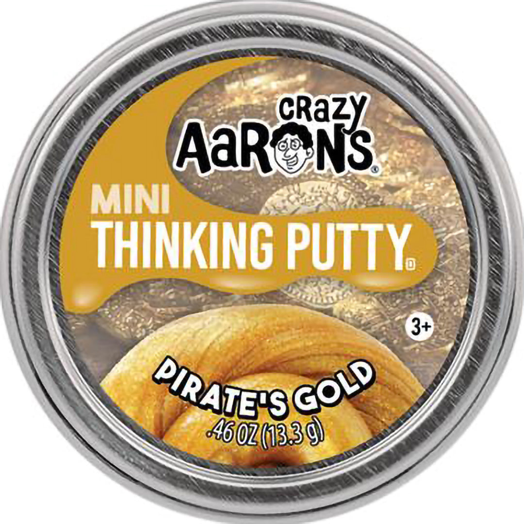 De verpakking van Crazy Aaron's Mini Thinking Putty 'Pirate's Gold' slijm- en kleispeelgoed.