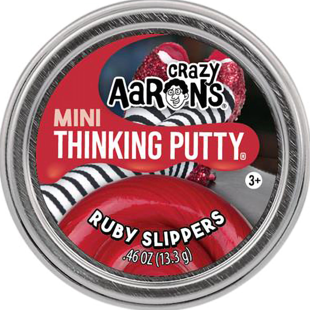 De gesloten verpakking van Crazy Aaron's Mini Thinking Putty Ruby Slippers.