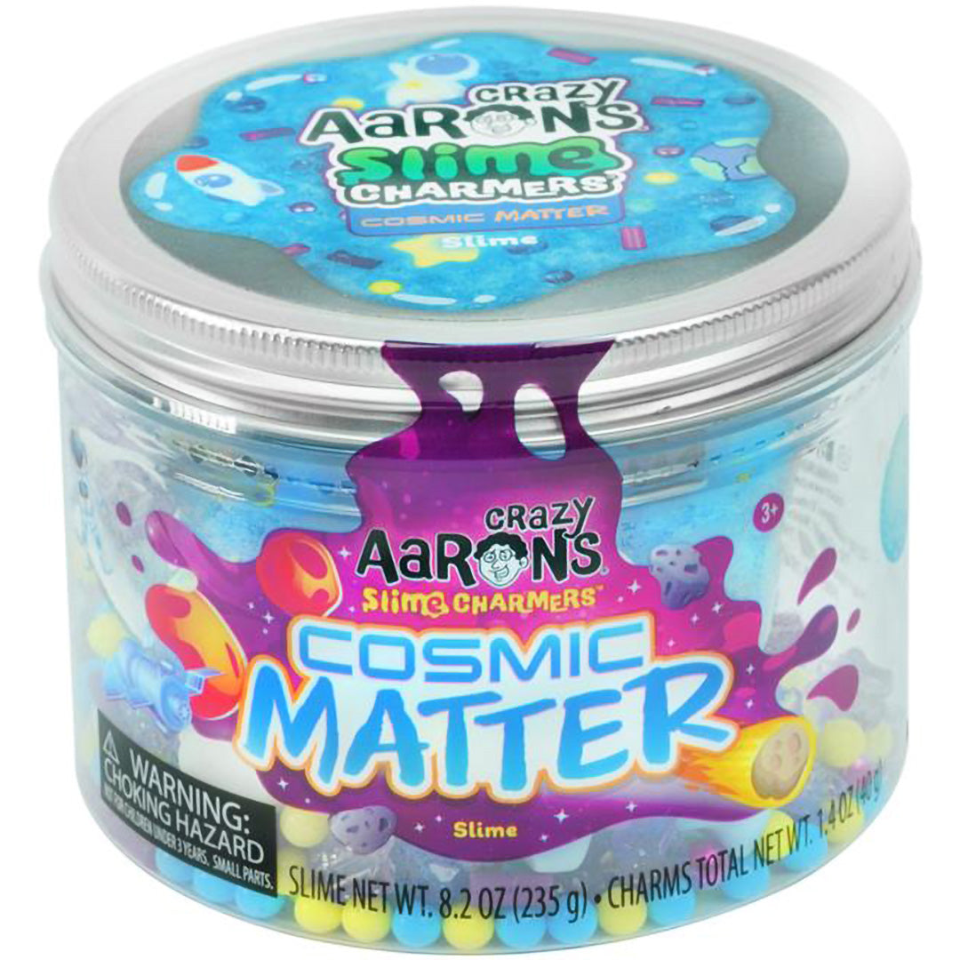 Crazy Aaron's Cosmic Matter slijm in een doorzichtige pot met ruimte-thema label.