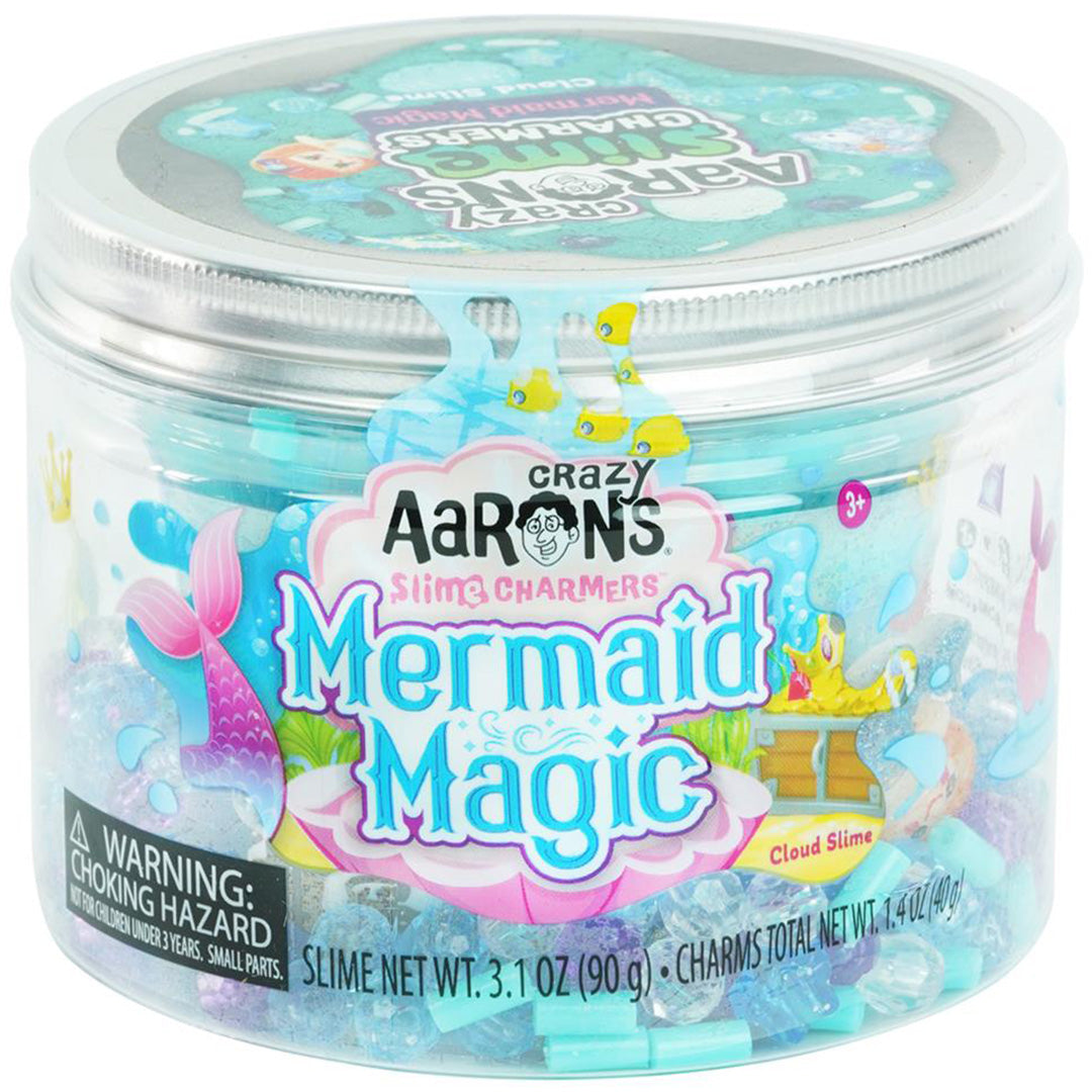 Crazy Aaron's Mermaid Magic slijm in een doorzichtige pot met zeemeermin-thema.