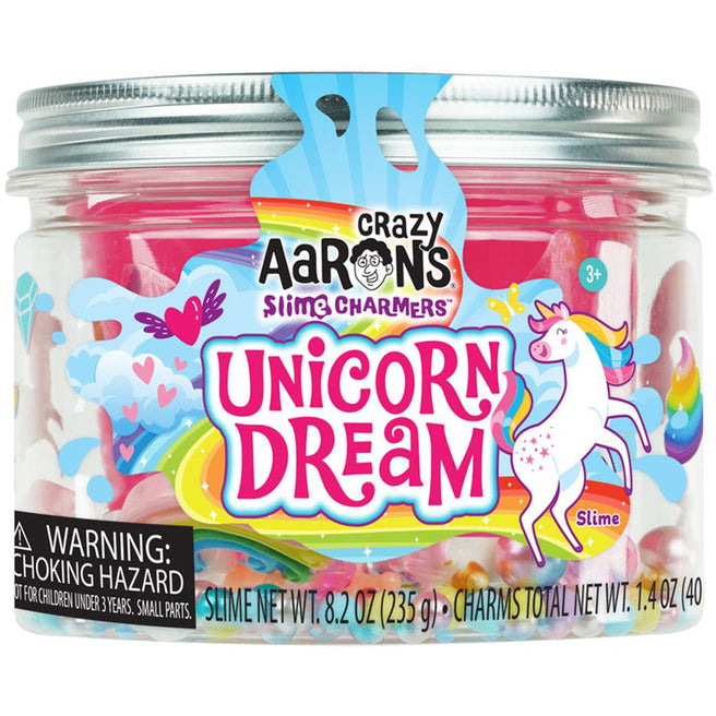 Crazy Aaron's Unicorn Dream slijm in een transparante pot met een eenhoorn en regenboog op het etiket.