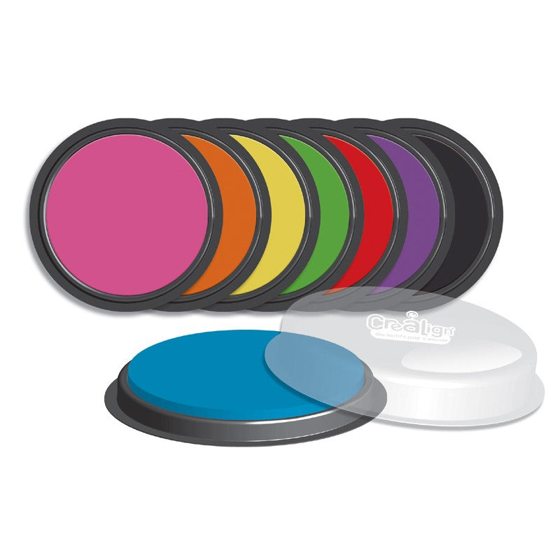 Crealign inktkussens in regenboogkleuren, met een blauw kussen op de voorgrond.