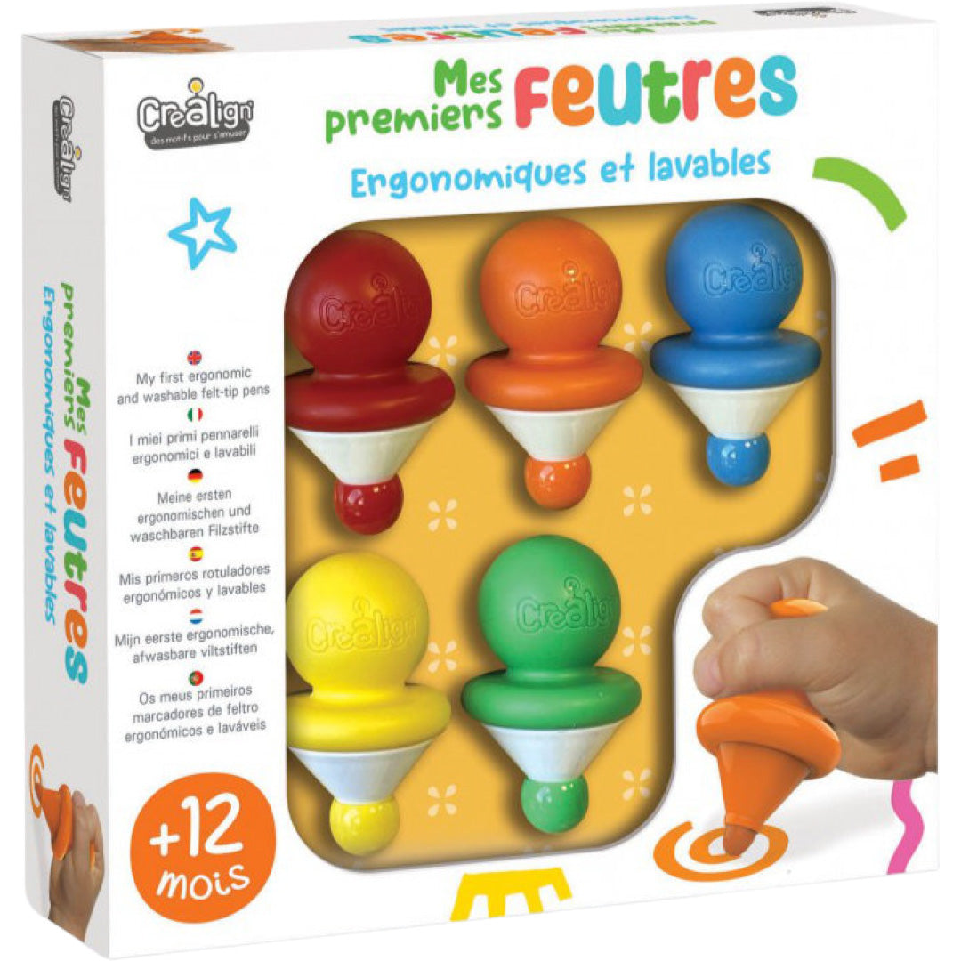 Verpakking van de Crealign ergonomische en afwasbare viltstiften voor kinderen vanaf 1 jaar.