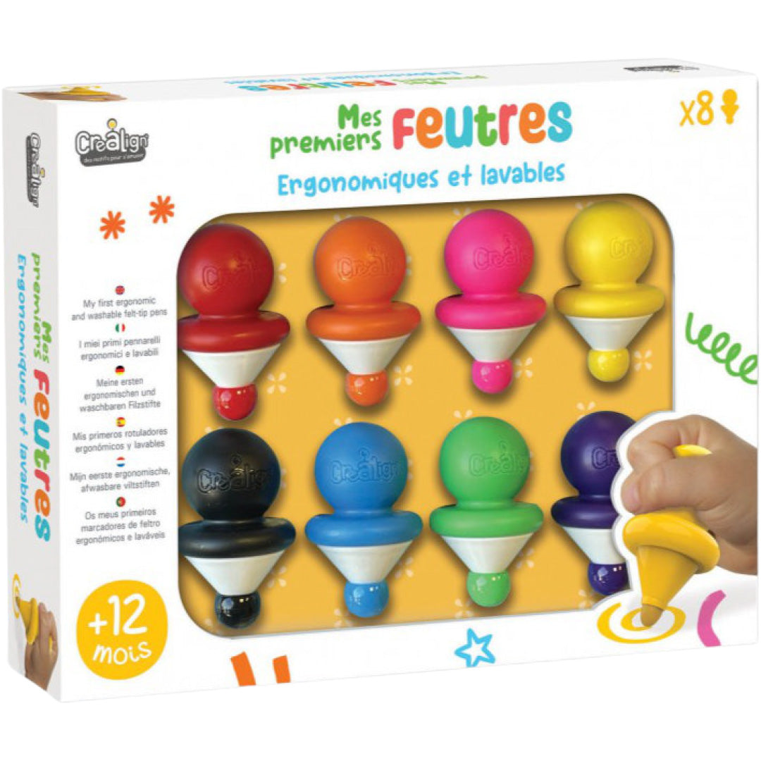 Verpakking van de Crealign set met 8 veelkleurige ergonomische en afwasbare viltstiften voor kinderen vanaf 12 maanden.