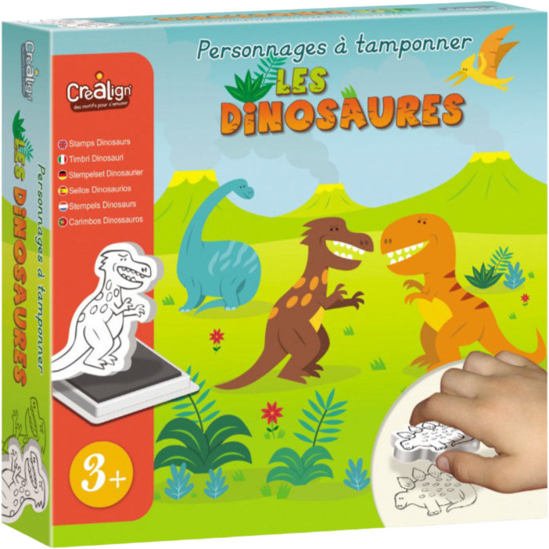 Crealign dinosaurus stempelset verpakking met illustraties van kleurrijke dinosaurussen.