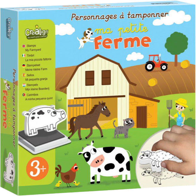 Verpakking van de Crealign stempelset 'Mijn kleine boerderij' met illustraties van boerderijdieren en een boer.