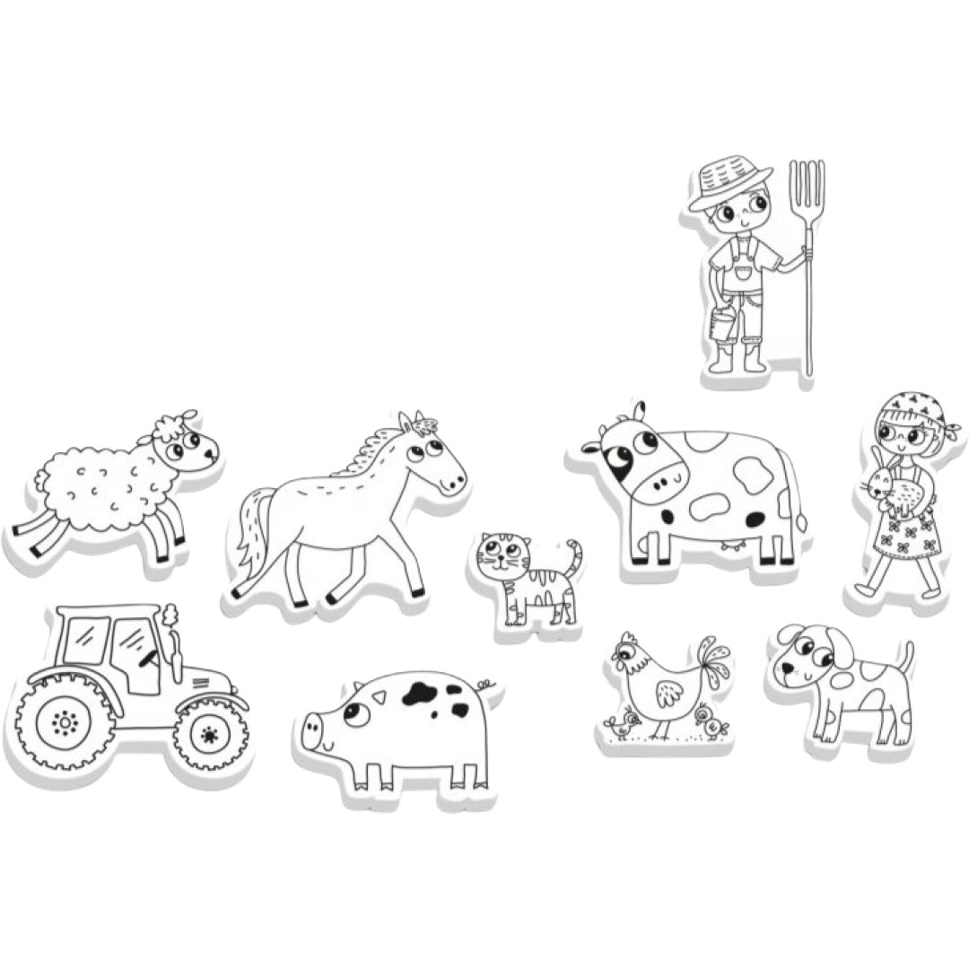 Elf witte stempels van boerderijdieren, een boer, een boerin en een tractor.