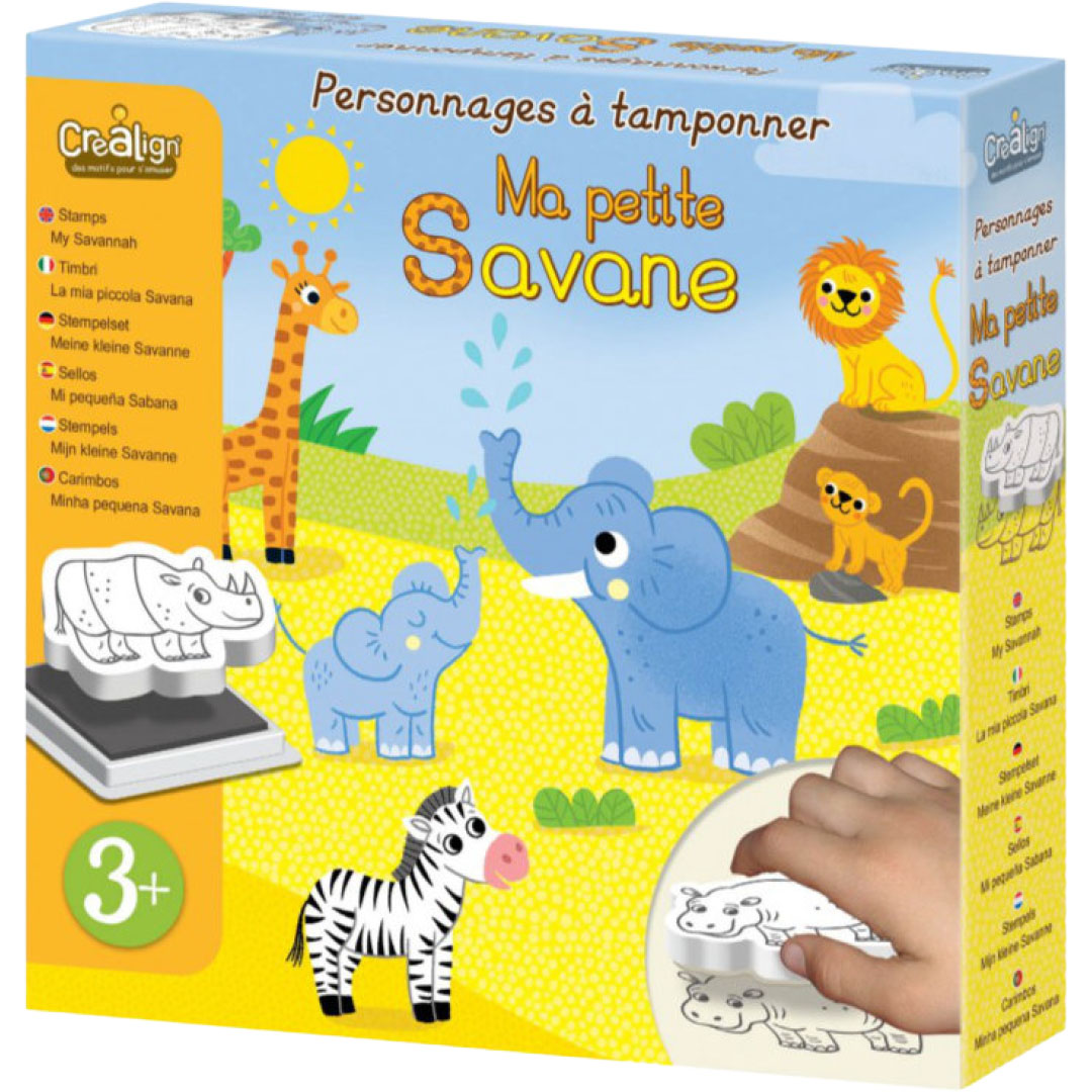 De verpakking van de Crealign stempelset Mijn kleine savanne, met illustraties van safari dieren en een kind dat een neushoorn stempelt.
