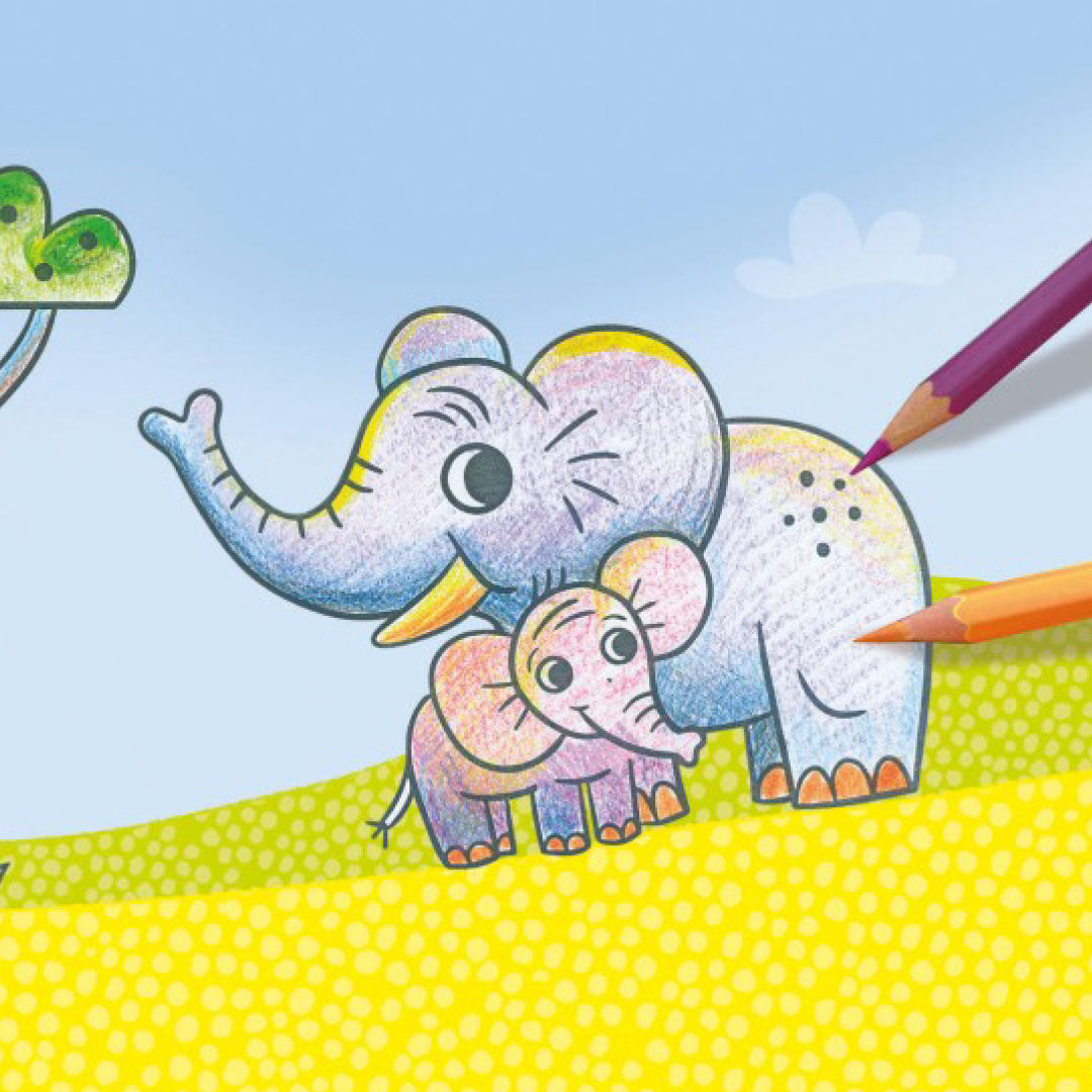 Een ingekleurde tekening van een olifant en babyolifant, gemaakt met de Crealign stempelset, met twee kleurpotloden.