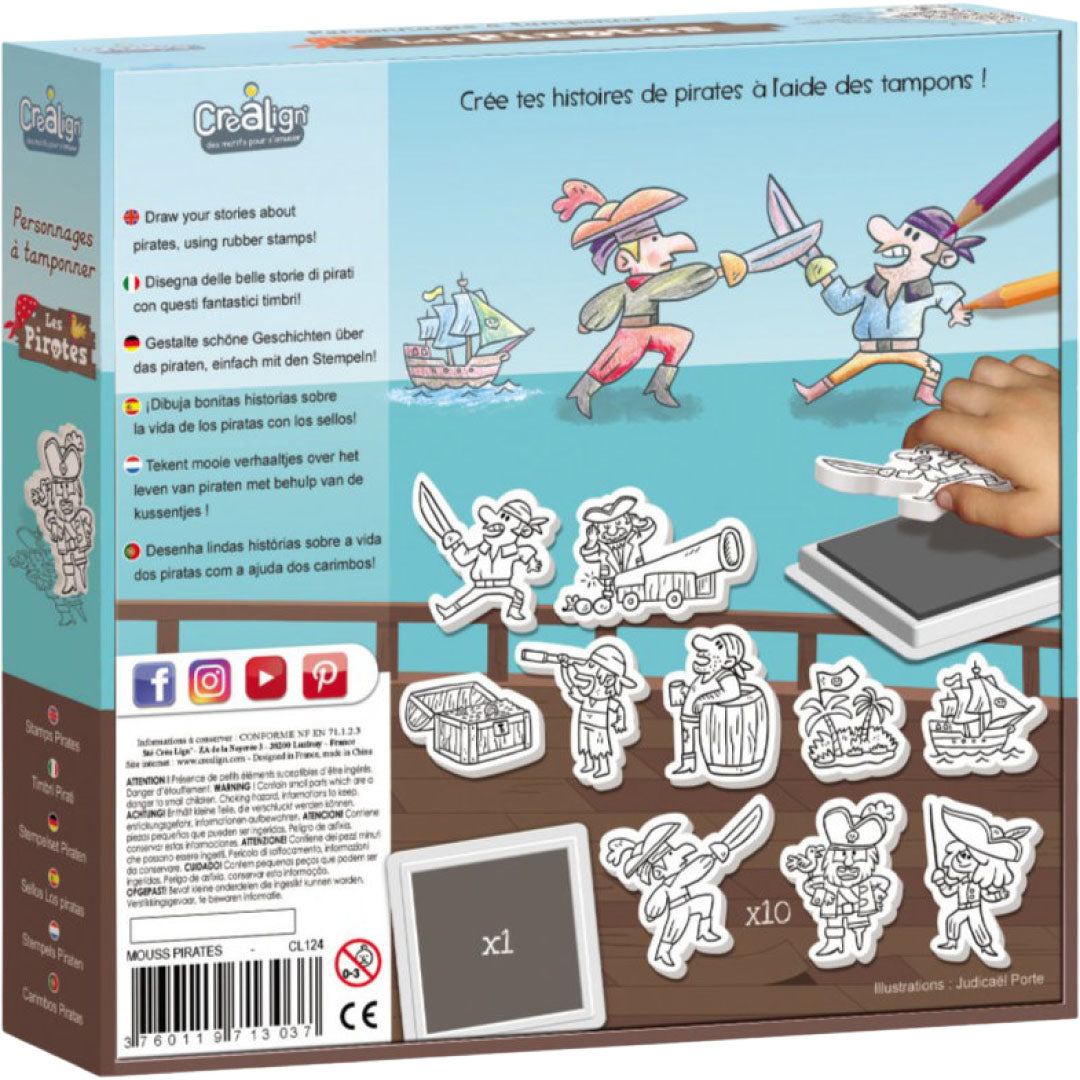 De achterkant van de Crealign stempelset piraten verpakking met voorbeelden van stempels en productinformatie.