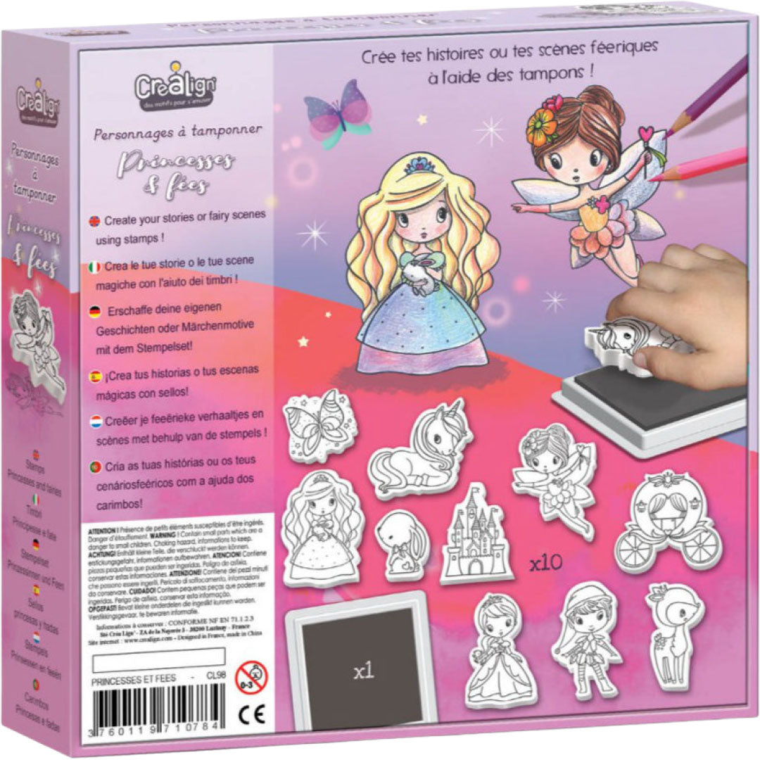 Achterkant van de Crealign stempelset prinsessen en feeën verpakking met productinformatie en alle stempels afgebeeld.