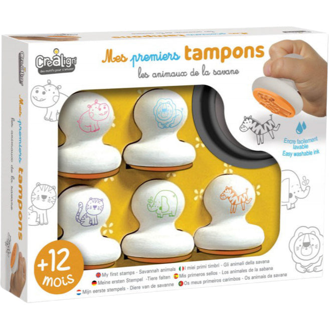 Verpakking van de Crealign stempelset met savannedieren voor kinderen vanaf 1 jaar.