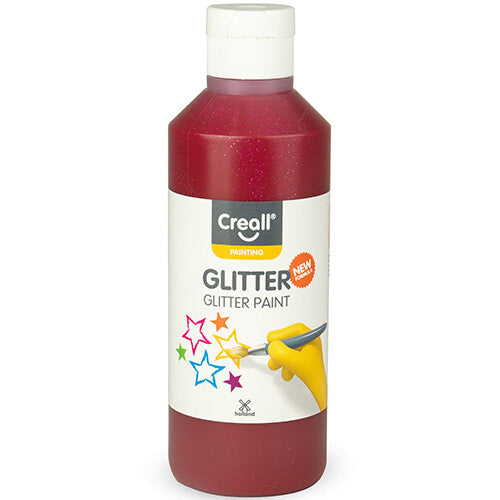Creall glitterverf in een roze fles met een label waarop 'Glitter Paint' staat.