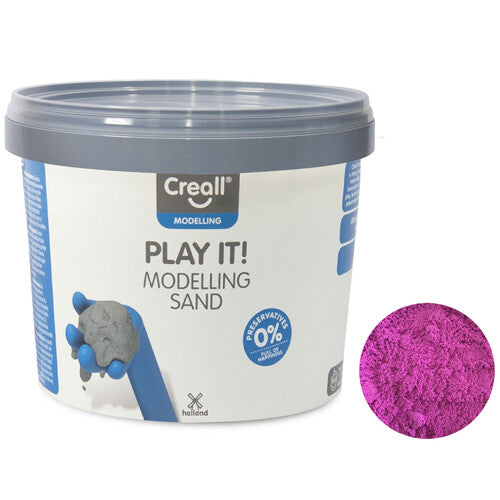 Creall modelling sand verpakking met een voorbeeld van violet zand.