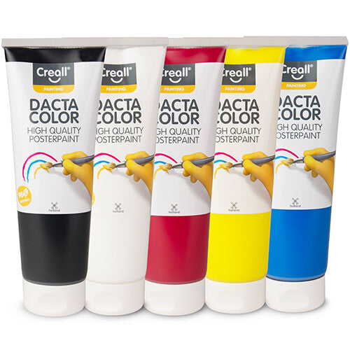 Vijf tubes Creall Dacta Color plakkaatverf in zwart, wit, rood, geel en blauw.