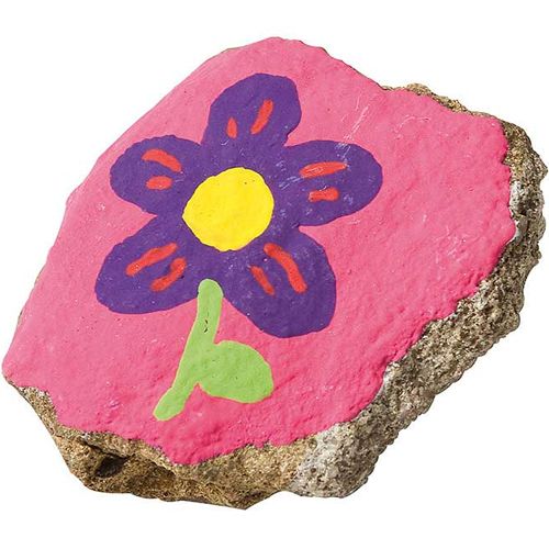 Een rots beschilderd met roze hobbyverf en een paarse bloem.