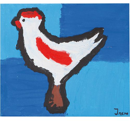Een schilderij van een witte vogel met rode accenten op een blauw geblokte achtergrond, gemaakt met hobbyverf.