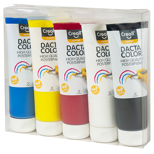De verpakking van vijf tubes Creall Dacta Color plakkaatverf in blauw, geel, rood, wit en zwart.