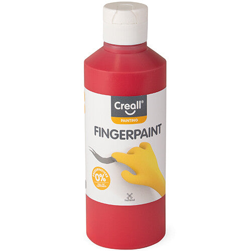 Creall rode vingerverf in een fles met witte dop.