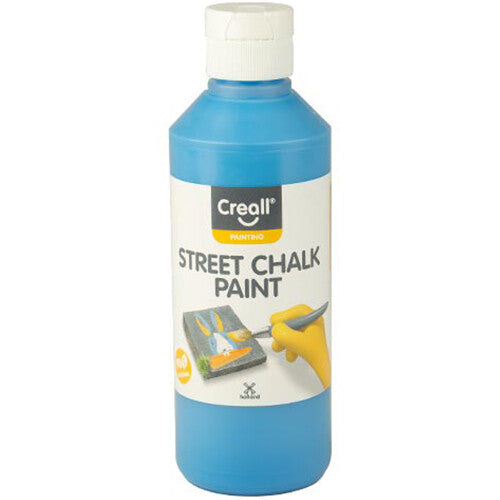 Creall blauwe stoepkrijtverf in een fles.