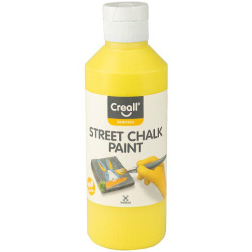Een gele fles Creall stoepkrijtverf met een wit etiket.