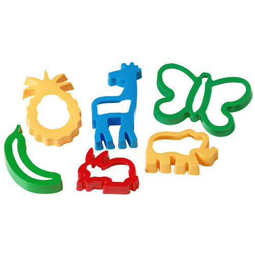Creall veelkleurige plastic klei uitsteekvormen in de vorm van een banaan, ananas, konijn, giraffe, neushoorn en vlinder.