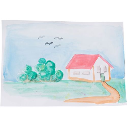 Een demonstratie waterverfschilderij van een huis met bomen en vogels.