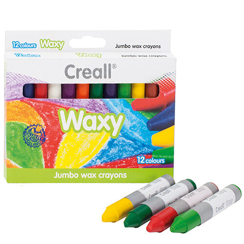 Creall Waxy doos met 12 jumbo waskrijtjes en vier losse krijtjes ervoor.