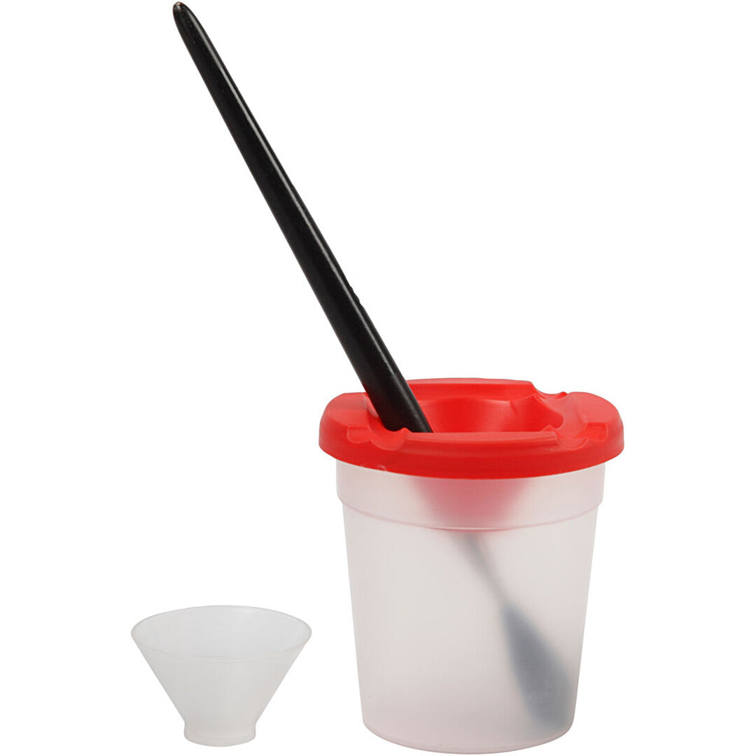 Creativ Company anti-knoeipot voor penselen met rode deksel en een zwart penseel erin.