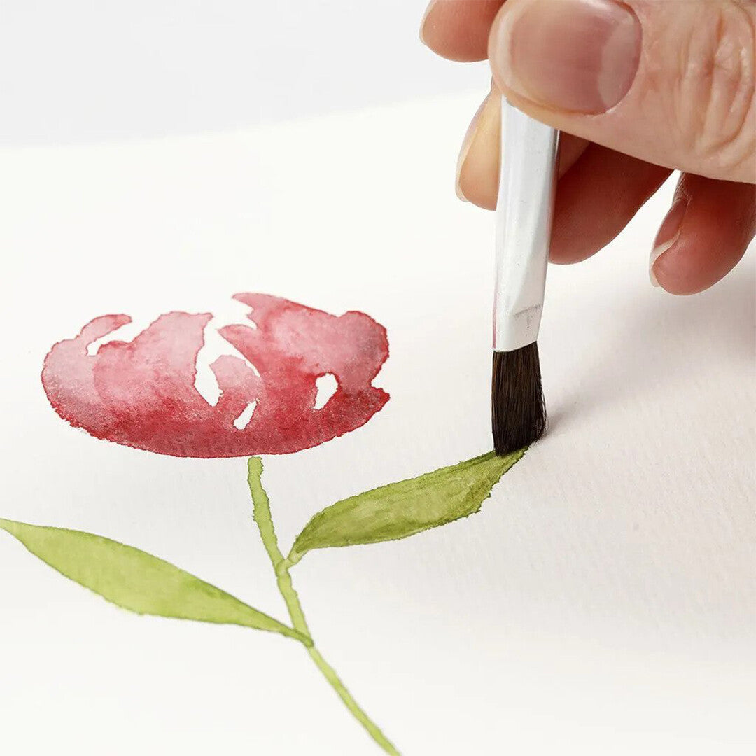 Een hand schildert met een creativ company aquarelpenseel een groen blad aan een rode bloem.