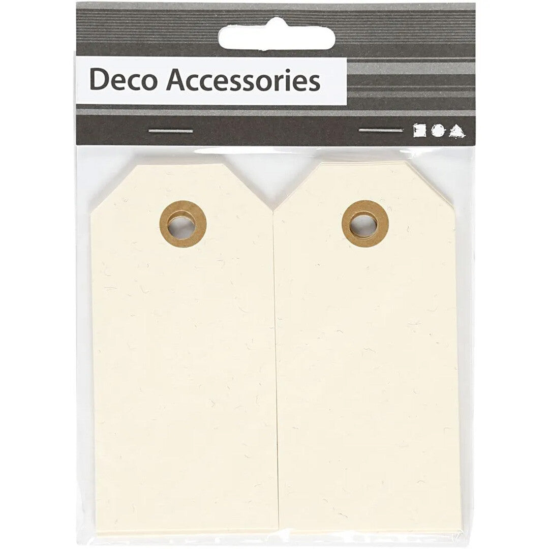 Verpakking van creativ company cadeaulabels met twee crèmekleurige papieren labels en de tekst 'Deco Accessories'.