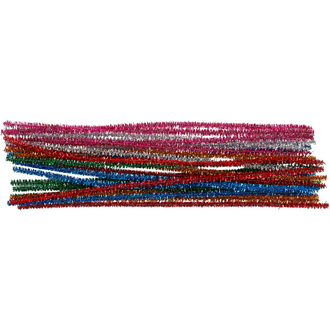 Creativ Company veelkleurige glitter chenille pijpenragers liggen horizontaal gestapeld.