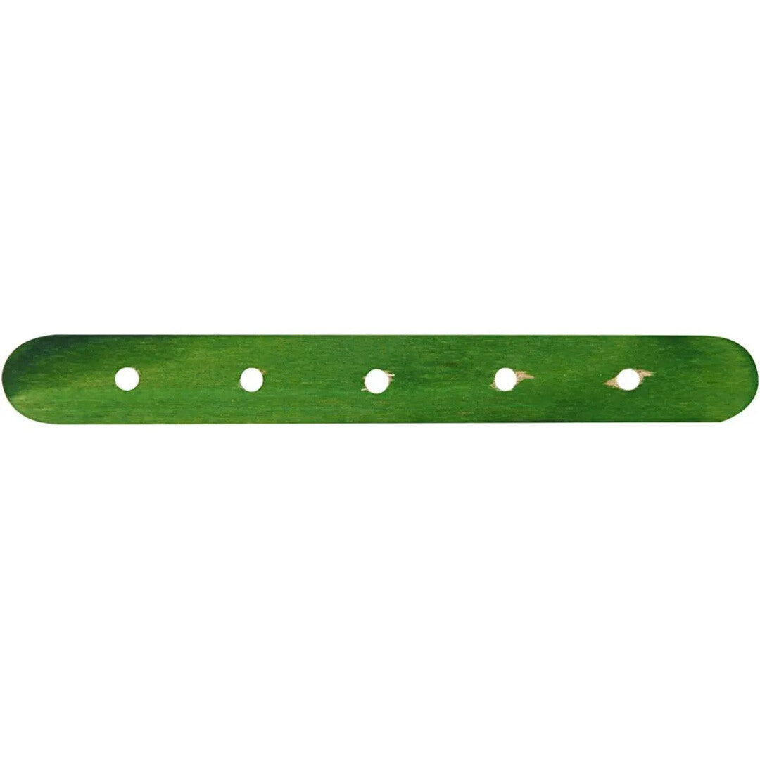 Een enkel groen houten constructiestokje met vijf gaten.
