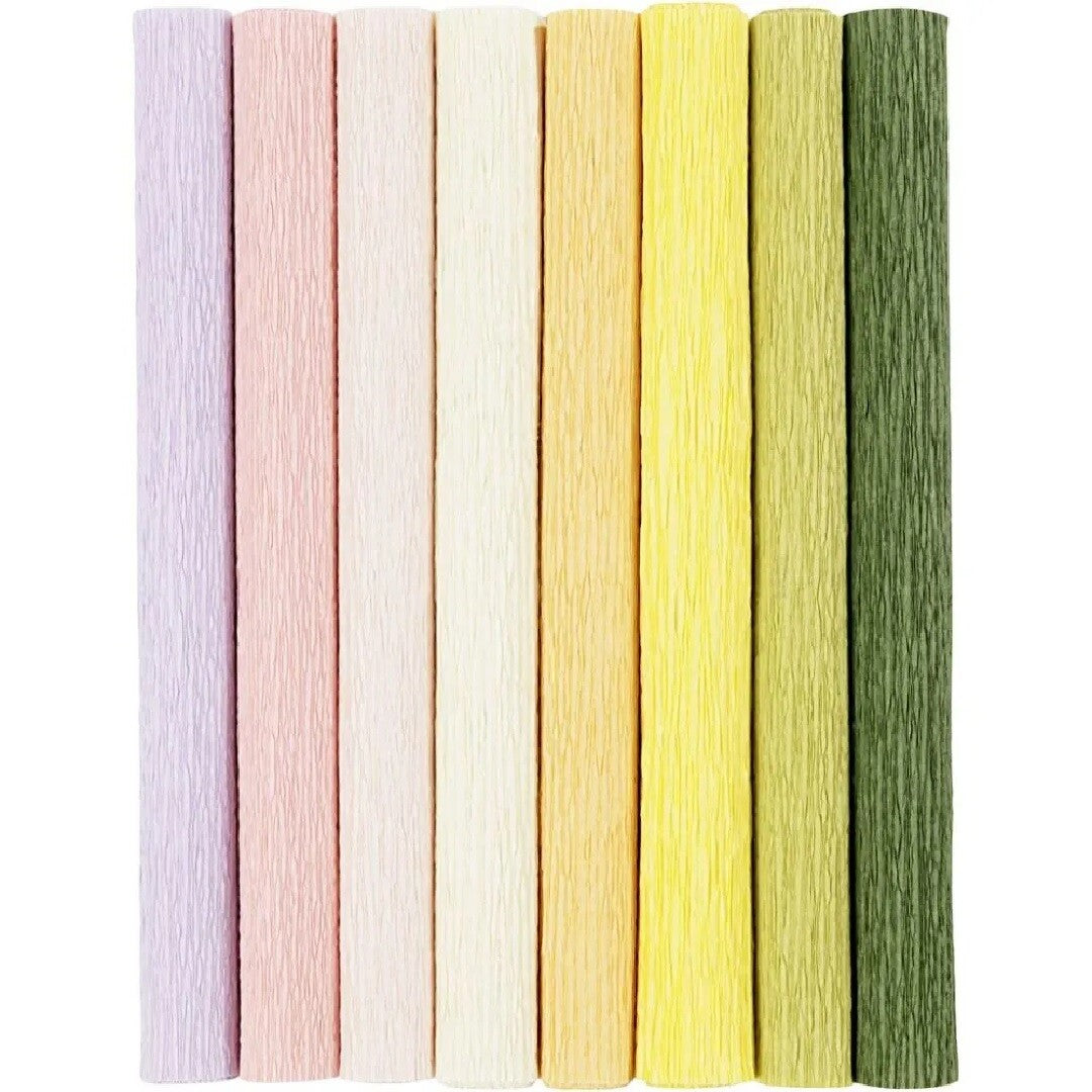 Creativ company crêpepapier in 8 rollen met lichte pastelkleuren en textuur.