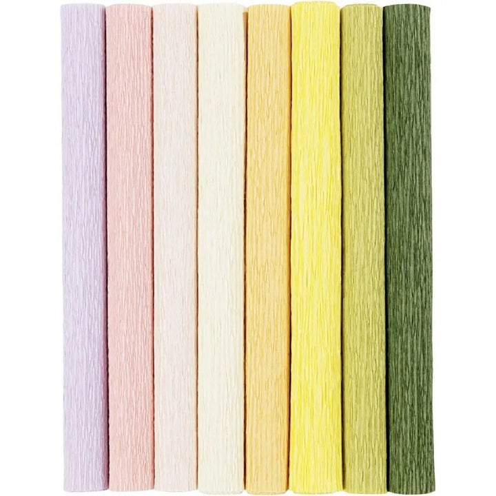Creativ company crêpepapier in 8 rollen met lichte pastelkleuren en textuur.