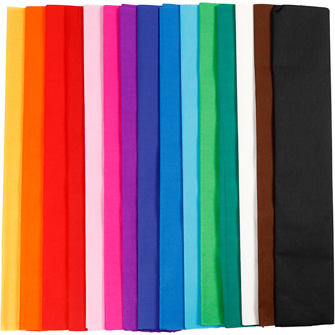 Creativ Company crêpepapier in regenboogkleuren, met 15 vellen in verschillende tinten.