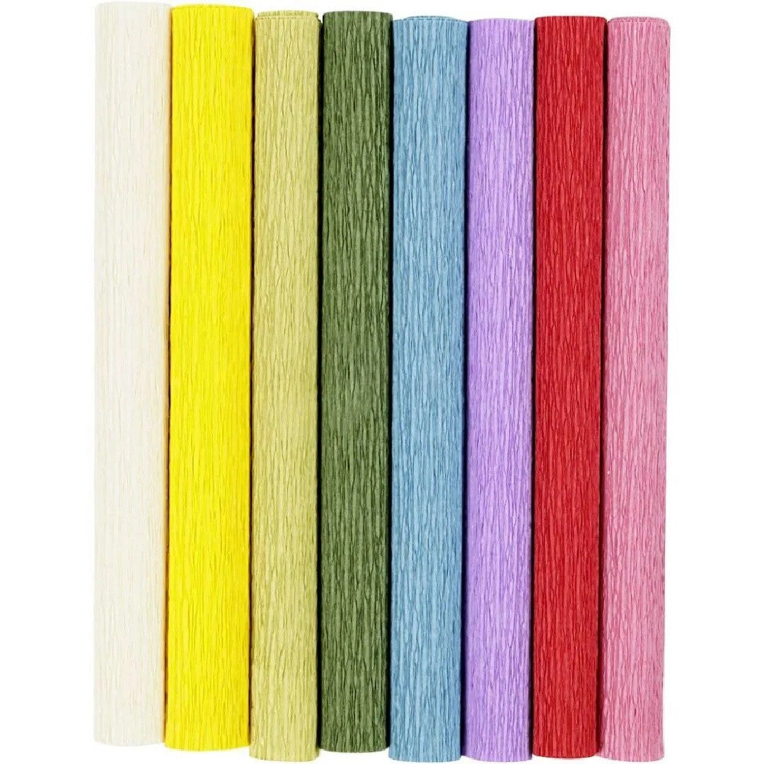 Acht rollen creativ company crêpepapier in regenboogkleuren met textuur.